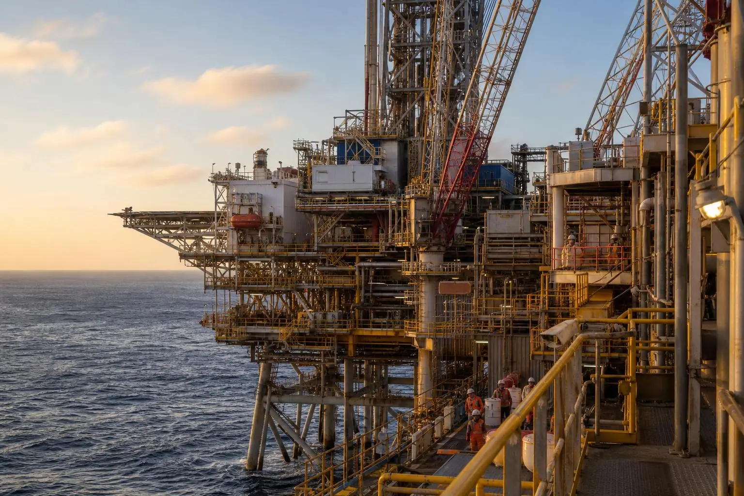 Offshore oil and gas production platform at sunset