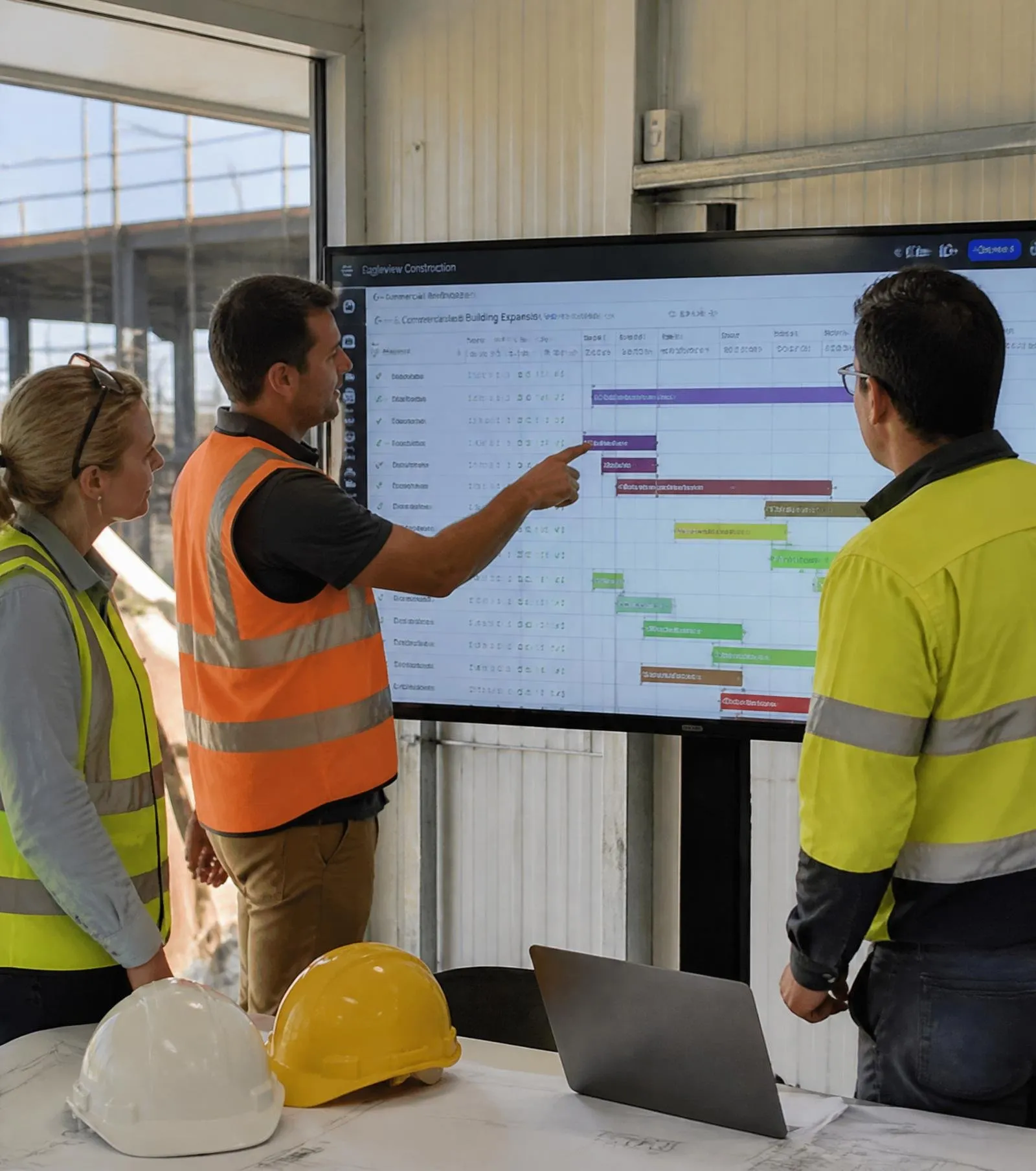 Project management team at a stand-up meeting reviewing a Gantt schedule on a construction project office